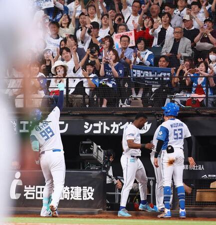 ５回、２打席連発の２ランを放ったレイエス（左下）はスタンドのファンに向かってポーズをとる（撮影・中島達哉）