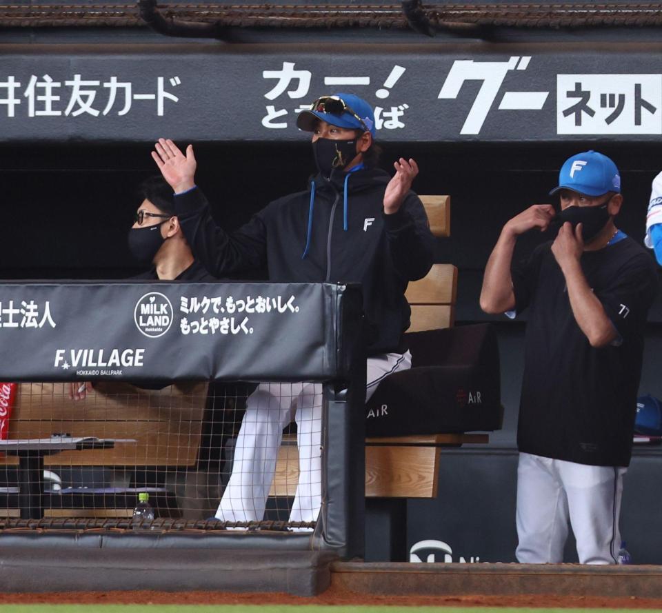 ５回、清宮幸の同点２ランに両手を広げる新庄監督（中央）＝撮影・中島達哉