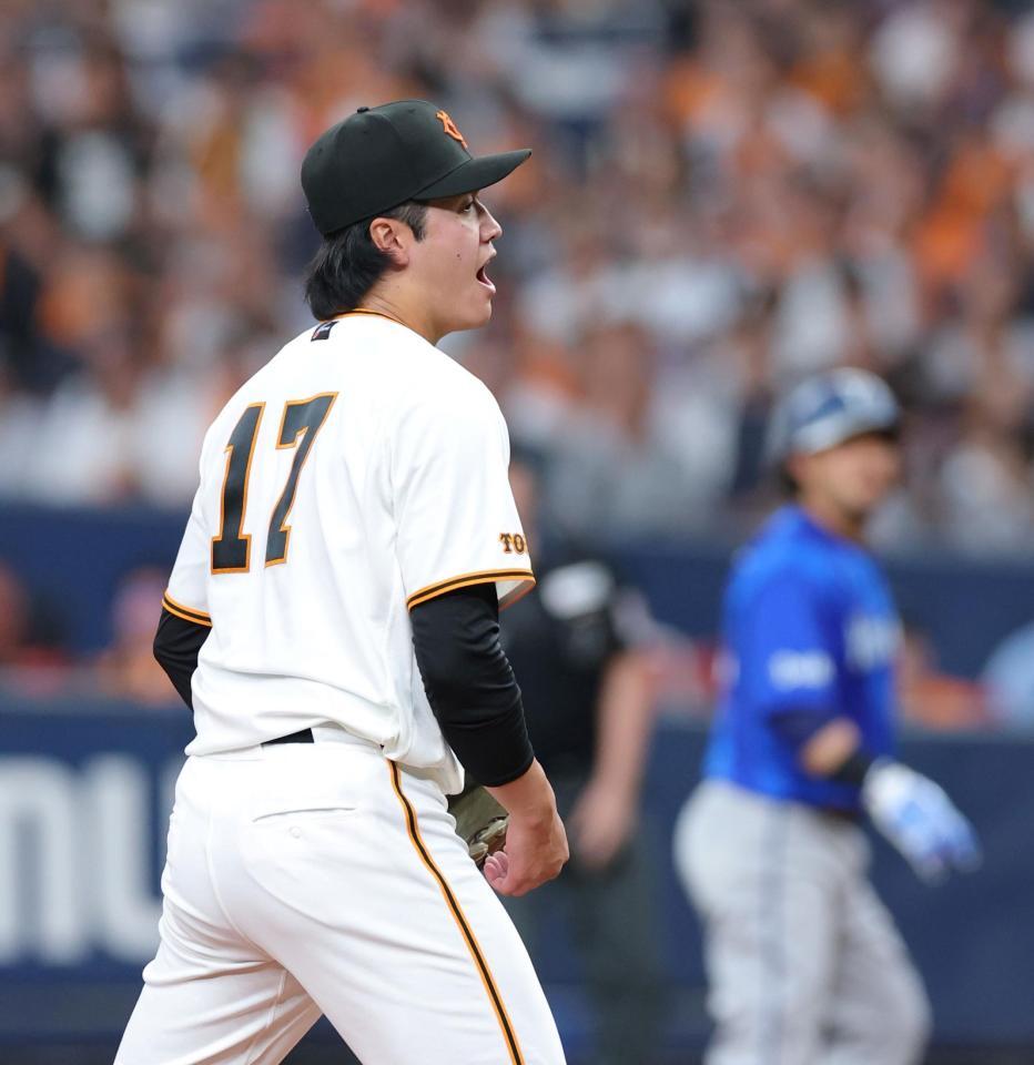 ６回、蝦名を空振り三振に仕留めてほえる西舘（撮影・立川洋一郎）