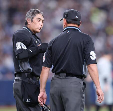 ２回、真鍋審判（右）と話す白井審判（撮影・中田匡峻）
