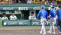 ５回、死球を受けた牧を見つめる藤川監督ら（撮影・飯室逸平）