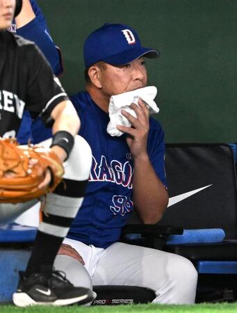 ６回、ベンチから試合を見つめる井上監督（撮影・堀内翔）