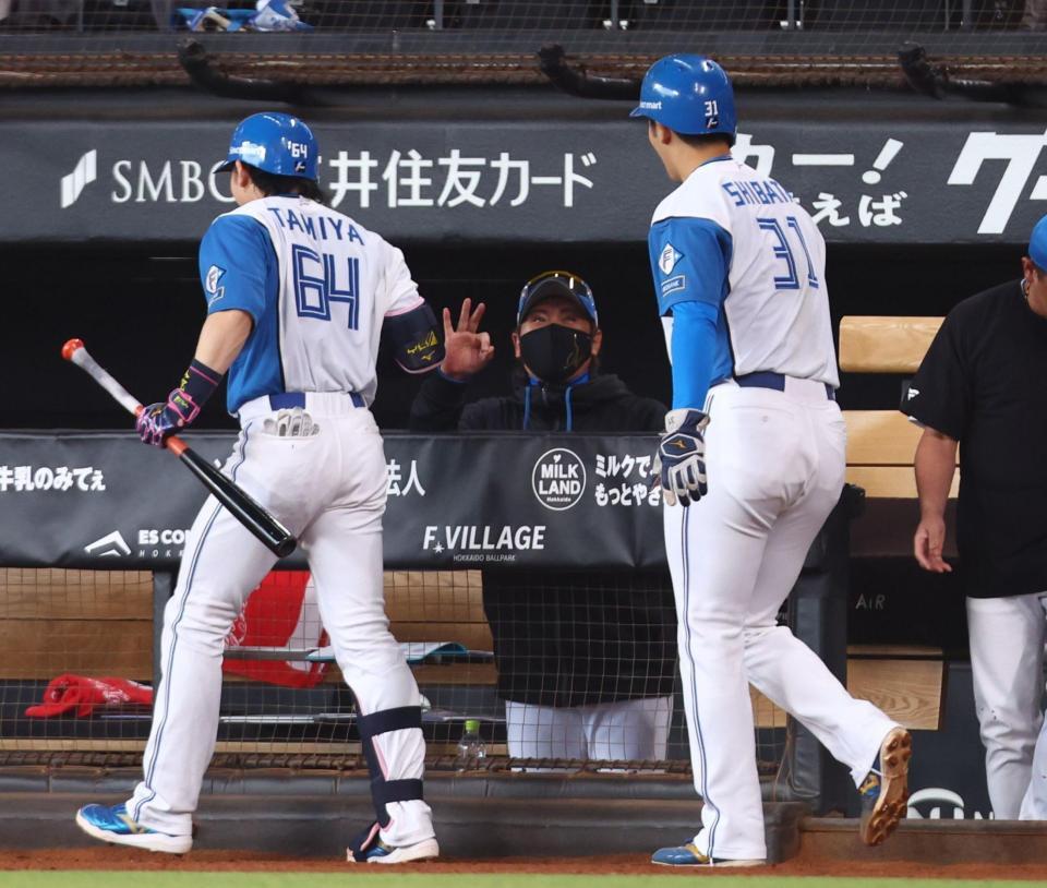 ４回、同点２ランを放った田宮（左）と柴田（右）を迎える新庄監督（撮影・中島達哉）