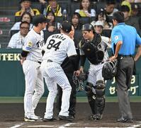 ７回、坂本（右）に声をかける藤川監督（撮影・飯室逸平）