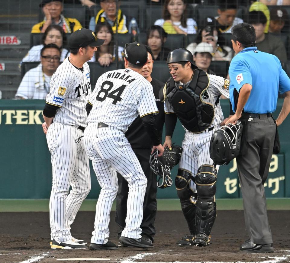 ７回、坂本（右）に声をかける藤川監督（撮影・飯室逸平）