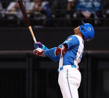 ７回、中飛に倒れる万波（撮影・中島達哉）