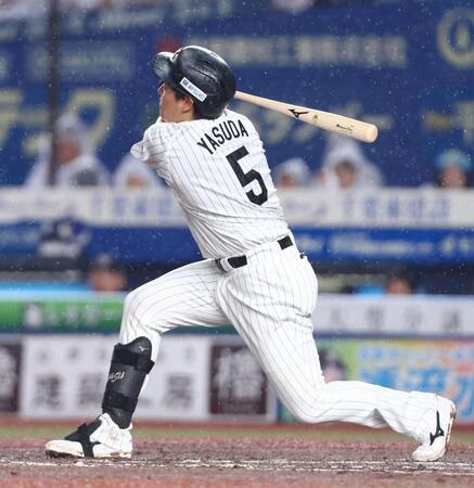 ７回、空振り三振を喫する安田（撮影・中島達哉）