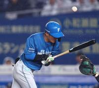 ９回、チーム５個目の死球を受ける奈良間（撮影・中島達哉）