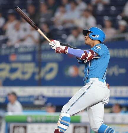 １回、先制の中犠飛を放つ万波（撮影・西岡正）
