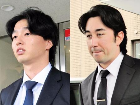 球団から来季の契約を結ばないと通達され、取材に応じる日本ハム・藤田大清（左）と山口アタル