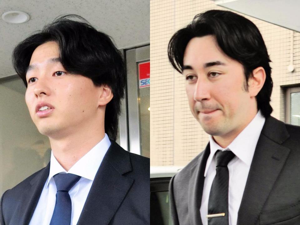 球団から来季の契約を結ばないと通達され、取材に応じる日本ハム・藤田大清（左）と山口アタル