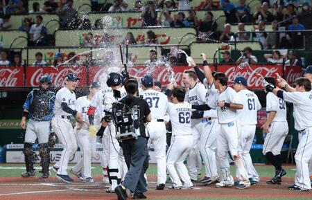 サヨナラ勝ちに喜ぶ西武ナイン（撮影・金田祐二）