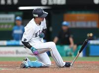 ５回、死球を受ける長谷川（撮影・金田祐二）