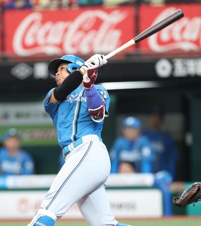 ４回、左越えソロを放つ万波（撮影・金田祐二）