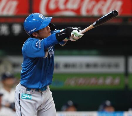 ５回、犠飛を放つ奈良間（撮影・中島達哉）