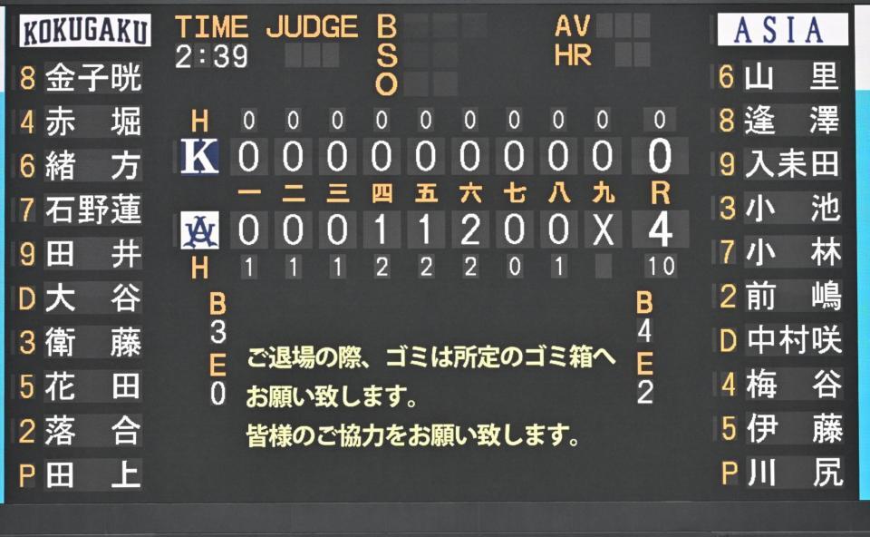 亜大・川尻がノーヒットノーランを達成した国学院大戦のスコアボード