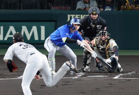 １回、送りバントをする佐野（投手・才木、捕手・梅野）＝撮影・山口登