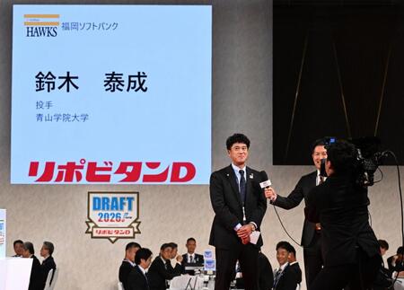 青学大・鈴木泰成の交渉権を獲得し、インタビューに応じる城島ＣＢＯ
