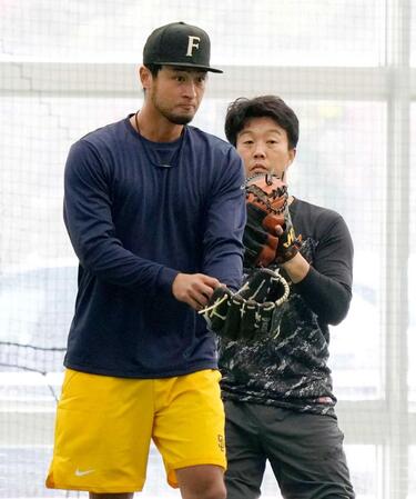ＷＢＣ日本代表の宮崎キャンプ前日に自主練習するダルビッシュ有。右は元日本ハムの鶴岡慎也さん（２３年）