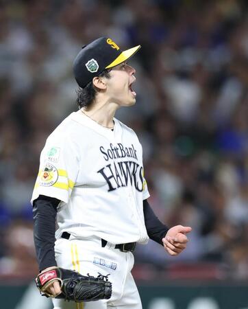 ６回、筒香を空振り三振に仕留め、雄たけびを上げる松本晴