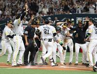 １０回、サヨナラ本塁打を放った正木（中央）を出迎えるソフトバンクナイン