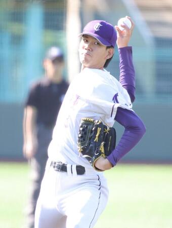 先発で登板した天理大・的場吏玖（撮影・坂部計介）