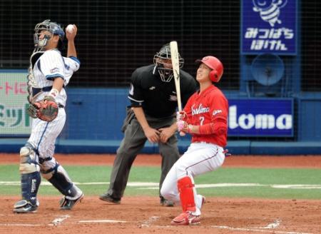 ７回表広島無死、代打・堂林は空振り三振に倒れる＝横浜（撮影・佐々木彰尚）