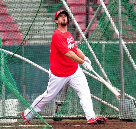 　打撃練習で快音を響かせるエルドレッド（撮影・出月俊成）