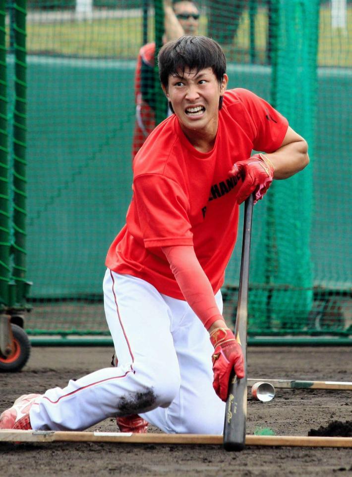 　ロングティーを終え、グラウンドに膝をつく堂林