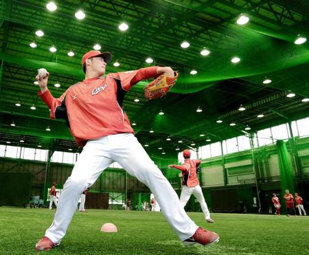 　黙々とキャッチボールを行う一岡（撮影・吉澤敬太）