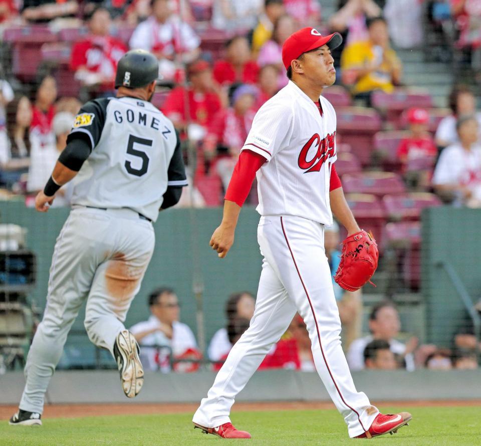 　２回、北條に同点犠飛を打たれ、顔をゆがめる福井（撮影・吉澤敬太）