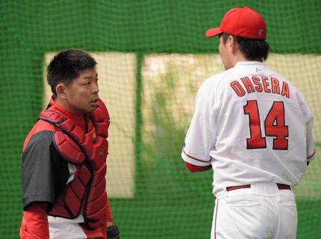 ブルペンで大瀬良大地（右）の球を受けた広島・石原慶幸＝宮崎・日南（撮影・吉澤敬太）