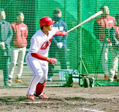 　シート打撃で本塁打を放つ鈴木（撮影・持木克友）