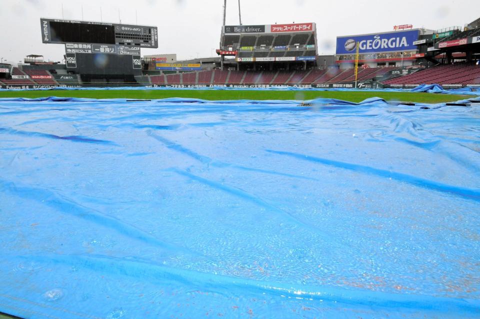 グラウンドに敷かれたシート＝マツダスタジアム（撮影・高部洋祐）