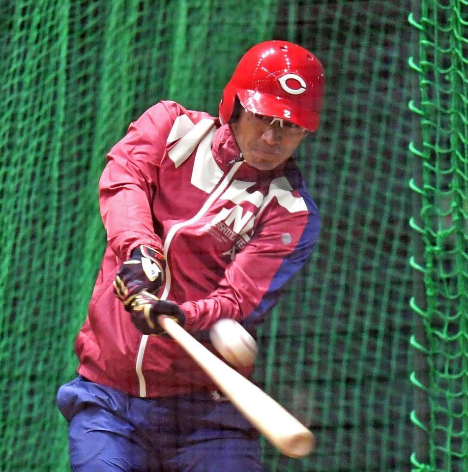 　黙々と打撃練習する田中（撮影・飯室逸平）