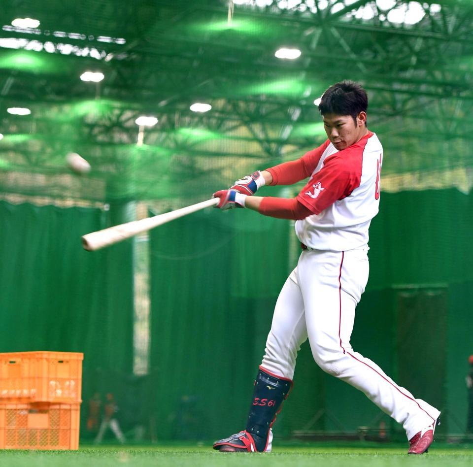 黙々と打撃練習する坂倉