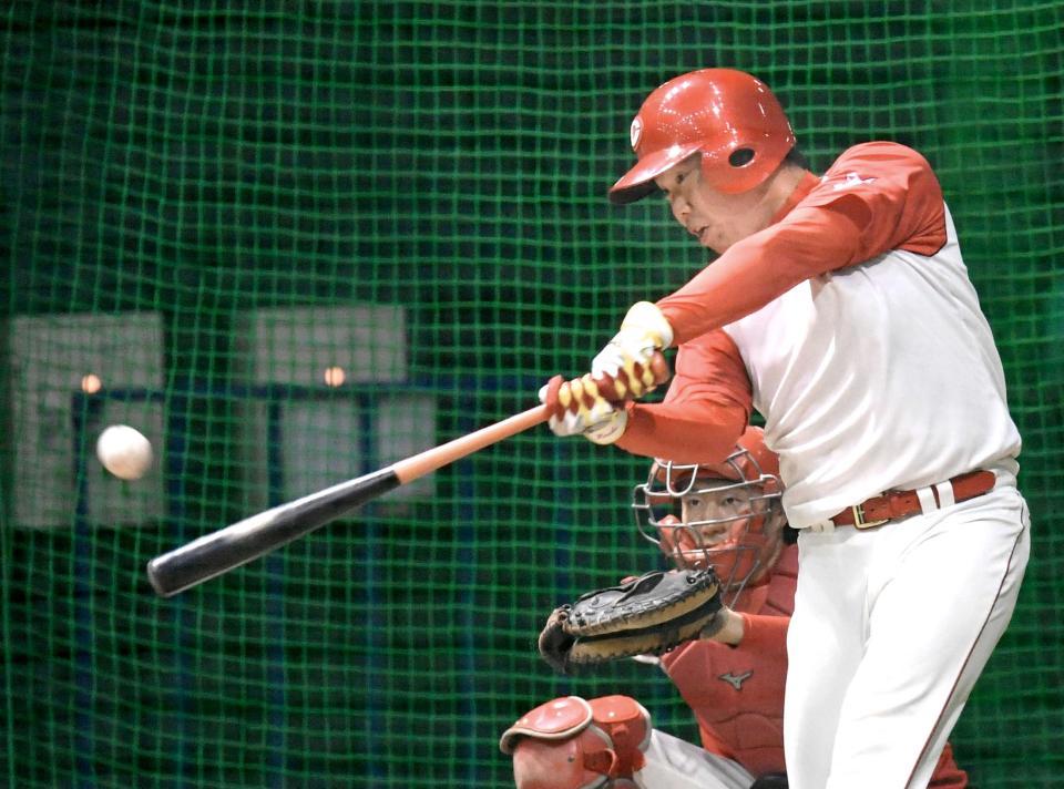 　黙々と打撃練習に汗を流す高橋大（撮影・飯室逸平）