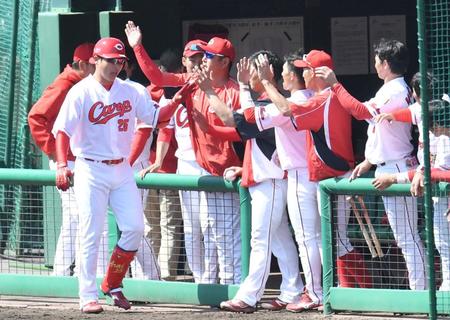 ６回、代打でソロを放ちナインとハイタッチを交わす広島・新井貴浩＝由宇（撮影・飯室逸平）