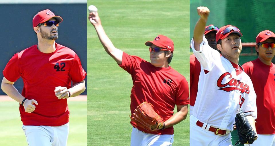 （左から）ジョンソン、九里、岡田