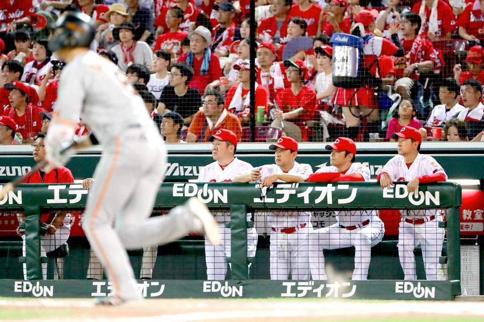 　６回、犠飛を放った坂本勇（手前）の打球に目をやる緒方監督（右から２人目）ら首脳陣