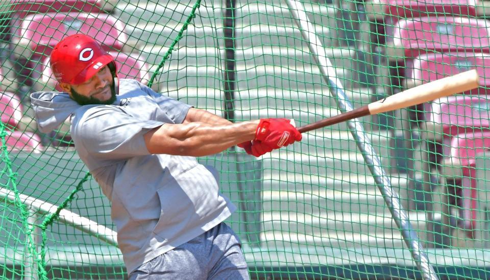 フリー打撃で快音を響かせるメヒア（撮影・立川洋一郎）