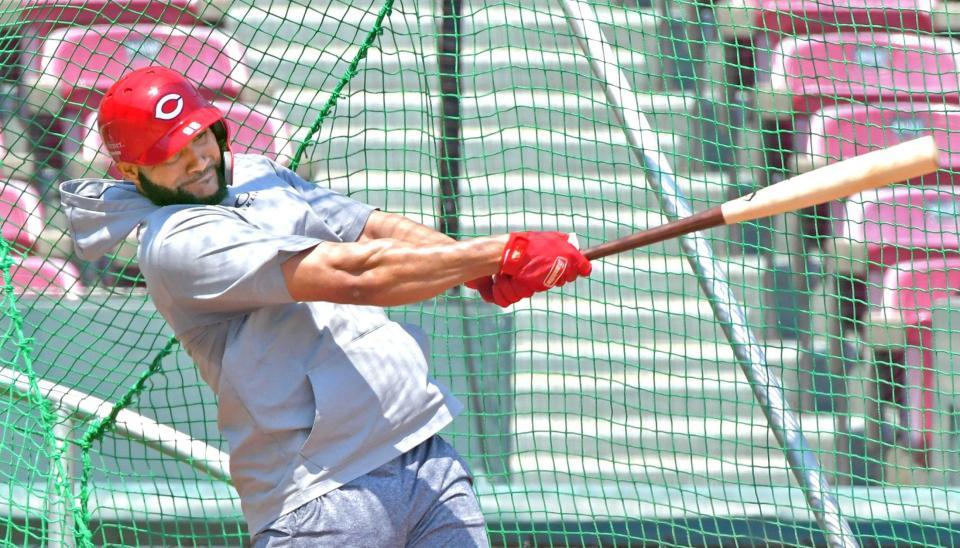 　フリー打撃で快音を響かせるメヒア（撮影・立川洋一郎）