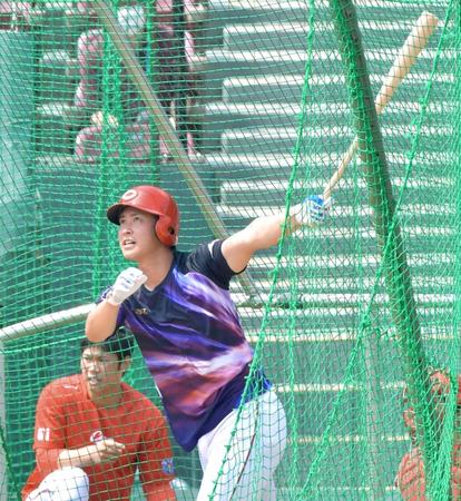 フリー打撃で打ち込む堂林（撮影・立川洋一郎）