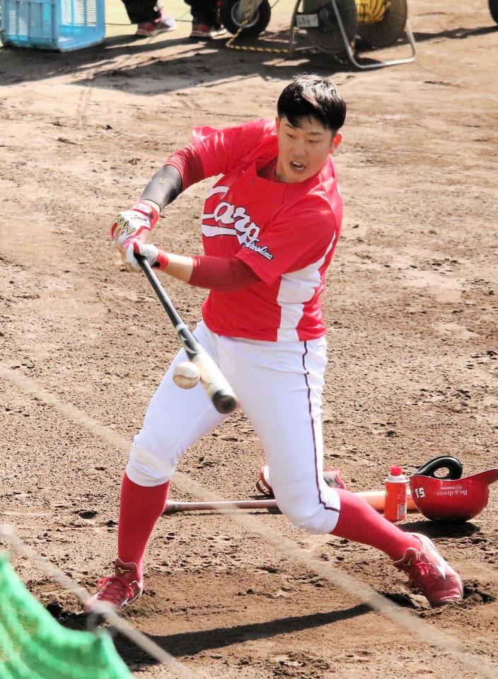 　ティー打撃を行う広島・小園