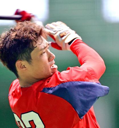 打撃練習で汗を流す中村奨　