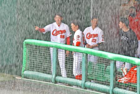 　試合開始直前に突然の大雨が降り出し、ベンチから様子をうかがう（左から）遠藤、大盛、中村奨（撮影・立川洋一郎）