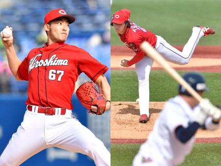 　５回に登板し力投する中村祐（左）と１回、山田を三振に打ち取る床田