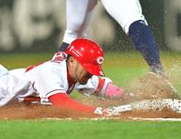　６回、一塁にヘッドスライディングをして内野安打にする広島・菊池涼介（撮影・立川洋一郎）
