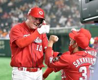 ４回表広島１死、クロンは左中間に２号ソロを放ち、ベンチにがい旋＝東京ドーム（撮影・佐藤厚）