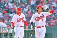　８回、空振り三振を喫してベンチへ戻る鈴木誠。左は選手交代を告げにベンチを出る佐々岡監督（撮影・立川洋一郎）